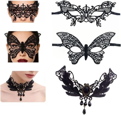 Elegante 3-delige set met zwart kant: gezichtsmasker, oogmasker voor gemaskerde ballen, kerstfeesten en carnaval