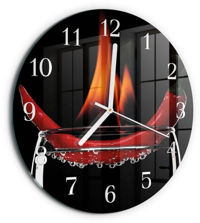 Tulup Wandklok - Chili Fire Glazen Wandklok Design - 30fi cm - Rood Klok Glas Met Opdruk - Witte Handen - Ronde Wandklok - Moderne Wandklok Glas - Wandklok Glas Decoratie