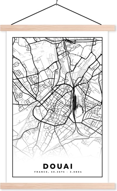 Posterhanger incl. Poster 40x60 cm - Schoolplaat - Kaart - Plattegrond - Frankrijk - Stadskaart - Douai - Zwart wit - Textielposter - Blanke latten - Stadskaart