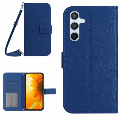 Hoes - Etui - Tas geschikt voor Samsung Galaxy A37- A36 - A56 Met Schouder - Draagkoord - Blauw - Zonnebloem Reliëf