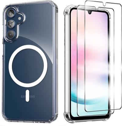 Hoesje + Glas Geschikt voor Samsung Galaxy A17 5G - Transparant - Casemania Magnetisch Anti-shock Back Cover met 2x Tempered Glazen Screenprotector - Extra Stevig Val en Stootbescherming Telefoonhoesje geschikt voor MagSafe