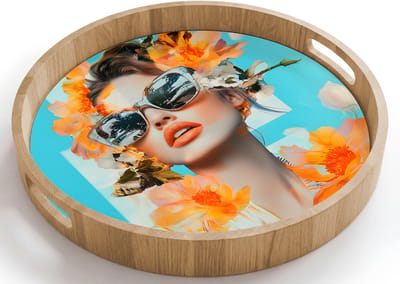 Dienblad rond 40x40 cm - Schootdienblad hout - Bloemen - Vrouw - Zonnebril - Blauw - Borrelplank rechthoek - Plateau houten dienbladen