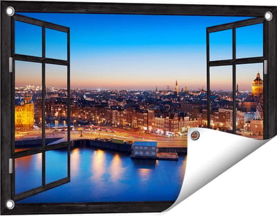 Gards Tuinposter Doorkijk Amsterdam Centrum in de Nacht - 60x40 cm - Tuindoek - Tuindecoratie - Wanddecoratie buiten - Tuinschilderij