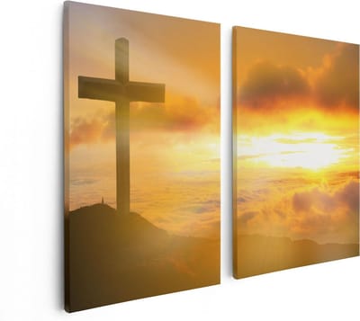 Artaza Canvas Schilderij Tweeluik Kruis van Jezus Christus bij Zonsondergang - 80x60 cm - Wanddecoratie Woonkamer - Schilderijen - Muurdecoratie