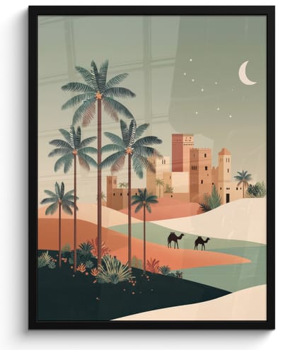 Poster in lijst - Fotolijst 60x80 cm - Posters - Nachtlandschap - Kamelen - Sterren - zandduinden - Posterlijst zwart - Decoratie - Wanddecoratie woonkamer - Muurdecoratie slaapkamer
