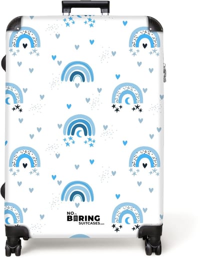 NoBoringSuitcases.com® - Koffer groot - Reiskoffer lichtgewicht - Blauw regenboogpatroon met hartjes - Rolkoffer met 4 wielen - Grote trolley XL - 98 liter bagage