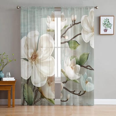 Witte Bloemen Vintage Achtergrond Slaapkamer Transparante Dunne Gordijnen Vakantiedecoratie Raam Voile Tule Gordijn 135W x 274H(cm)