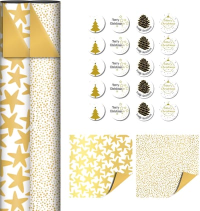 2 rollen Kerst cadeaupapier - Dubbelzijdig inpakpapier - Goud - Wit - 20 stickers Goudkleurig sterren - stippen -