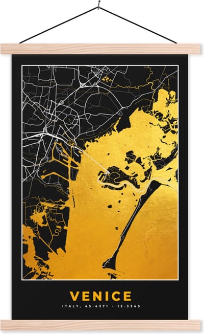 Posterhanger incl. Poster 40x60 cm - Schoolplaat - Kaart - Venetië - Goud - Plattegrond - Stadskaart - Textielposter - Blanke latten - Stadskaart