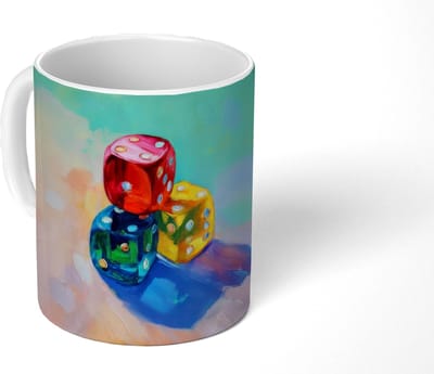 Mok - Koffiemok - Dobbelstenen - Kleurrijk - Getallen - Stipjes - Mokken - 350 ML - Beker - Koffiemokken - Theemok