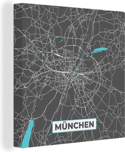 Canvas Schilderij München – Stadskaart – Blauw – Plattegrond – Stadskaart – Kaart - Duitsland - 20x20 cm - Wanddecoratie