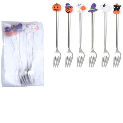6-delige Stalen Lepel Vork Set Pompoen Geest Patroon Halloween Bestekset Goud Zilver Koffielepel Keuken Feest Tafelgerei white