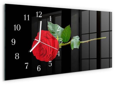 Tulup Wandklok - Roos Moderne Glazen Wandklok - 60x30 cm - Zwart Wandklok Glas Met Motief - Witte Handen - Rechthoekige Wandklok - Wandklok Glas Decoratie - Gekleurde Glazen Klok