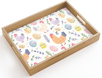 Dienblad hout 40x30 cm - Schootdienblad - Patroon - Kip - Paaseieren - Borrelplank rechthoek - Plateau dienbladen