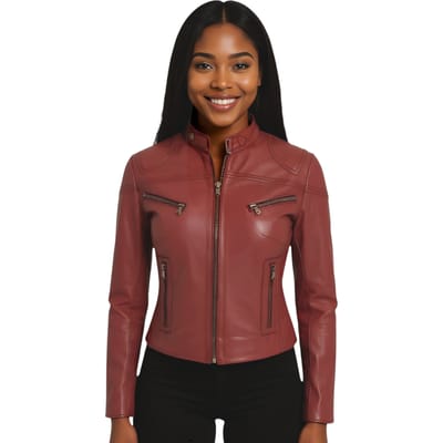 Dames bordeauxrood casual slim-fit leren bikerjack - Tulsa