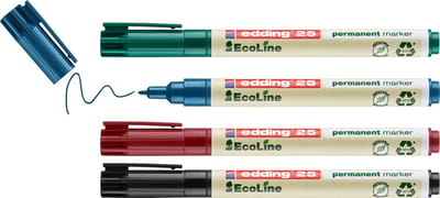 edding 25 Ecoline permanent marker - zwart, rood, blauw, groen - 4 stiften - ronde punt 1 mm - water en wrijfvast - voor karton, kunststof, hout, metaal, etc. - alcohol markers voor volwassenen