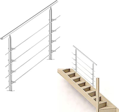 Trapleuning - Roestvrij Stalen - 120cm - 4 Dwarsbalken - leuning voor binnen en buiten - In Hoek Verstelbaar Trapleuningen - met Kogelring en 2 Palen - voor Trap Balkon Terras Borstwering - Ø 42 mm