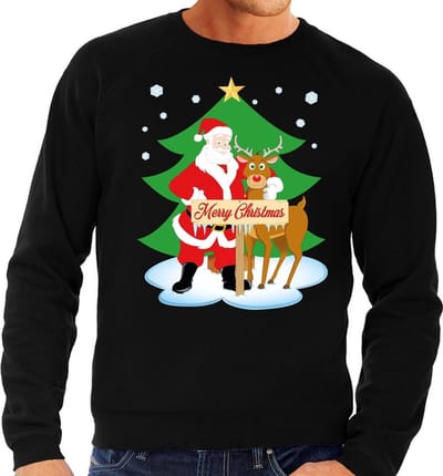BD Foute kersttrui - kerstman en rendier Rudolf - zwart - voor heren - kerst sweater - Kersttruien S