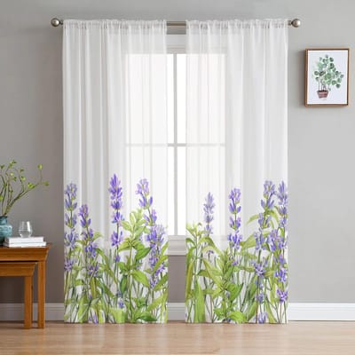 Lavendelplant Bloemen Paars Wit Doorschijnende Gordijnen ideaal voor Woonkamer Decoratie Raamopening Gordijn Keukenruimte Tule Voile Organza Gordijnen W135 x H115cm x1&Rod Pocket