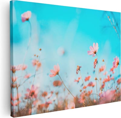 Artaza Canvas Schilderij Cosmea Bloemen - 40x30 cm - Klein - Muurdecoratie Wildebloemen - Wanddecoratie Turquoise - Kamer Accessoires