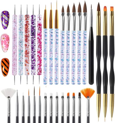 BOTC Nagelkunstborstelset - 31-delige Nagelkunstgereedschapset - Voor Gelnagellakontwerpen- Dotting tools, Stripingborstels enz.