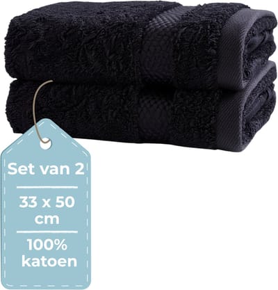 HUSH Living - Gastendoek - Set van 2 - 33×50 cm - 100% Katoen - Zware kwaliteit 500g/m2 - Stijlvol Boord en Ophanglus - Zwart