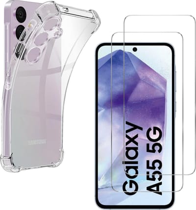Hoesje voor Samsung Galaxy A55 5G backcover Shockproof siliconen Transparant en 2 stuks Screenprotector Gehard Glas