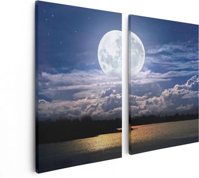 Artaza Canvas Schilderij Tweeluik Volle Maan bij het Water - 80x60 cm - Wanddecoratie Woonkamer - Schilderijen - Muurdecoratie