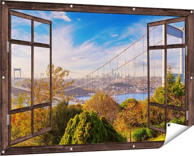 Gards Tuinposter Doorkijk Bosphorus Brug in Instanbul - 150x100 cm - Tuindoek - Tuindecoratie - Wanddecoratie buiten - Tuinschilderij
