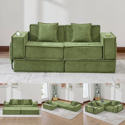 Multifunctionele 2-Zits Bank, Moderne Tweepersoons Slaapbank met een Comfortabele Stoffen Bank en twee Kussens, Een Stijlvolle, Decoratieve Voetenbank met Opbergruimte aan de Zijkant en Bekerhouders-Groente