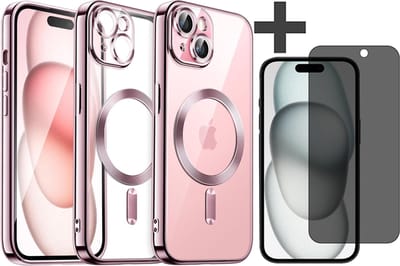 Hoesje met Privacy Screenprotector Geschikt voor iphone 15 Hoesje - Geschikt voor MagSafe - Arara siliconen Backcover - Rosegoud