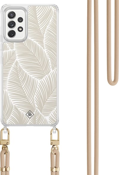 Casimoda® hoesje met koord - Geschikt voor Samsung A52(s) - Palm Leaves Beige - Afneembaar koord - TPU/polycarbonaat - Bruin/beige