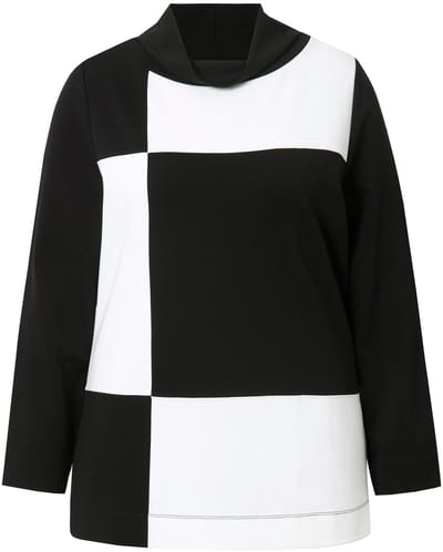 Ulla Popken - Dames - Sweatshirt ruitmotief opstaande kraag lange mouwen - Zwart - Maat 42+