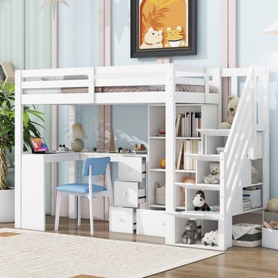 MODFU Hoogslaper 90x200 cm – Met bureau, lades, kasten en opbergtrap – EN747 – Wit