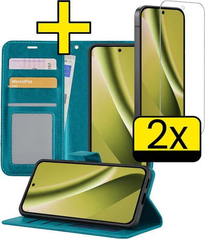 Hoesje - Met 2x Screenprotector - Geschikt voor Google Pixel 10a - Luxe Pasjeshouder - Bookcase Portemonee - Flip Case - Kunstleer Book Case - Flipcase Hoes - Book Cover - Walletcase - Portemonneehoes - Telefoonhoesjes - Turquoise