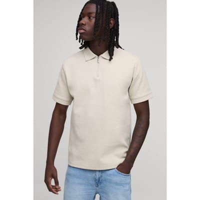 Slim Premium Interlock Polo Met Ritssluiting Bij De Hals | Stone | Size Small