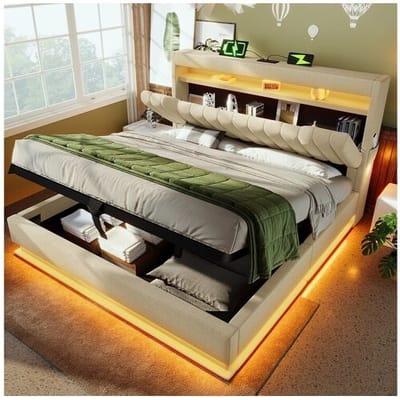 Merax Tweepersoons gestoffeerd bed met opbergruimte - 160 x 200 cm - met hoofdbord + USB + LED's + hydraulische opbergruimte - linnen - beige