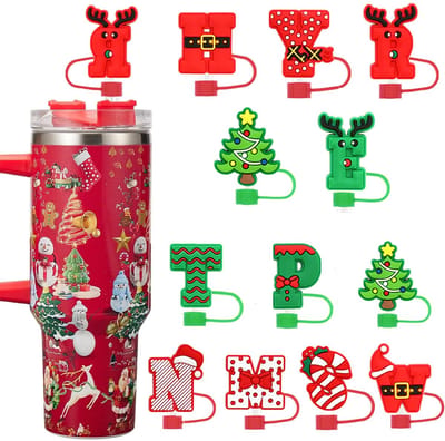 5 stuks vaste stijlen + 7 stuks willekeurige stijl rietjesafdekking kerstdag voor Stanley Cup accessoires, naam ID, eerste letter rietje, topper, 10 mm stofdichte accessoires