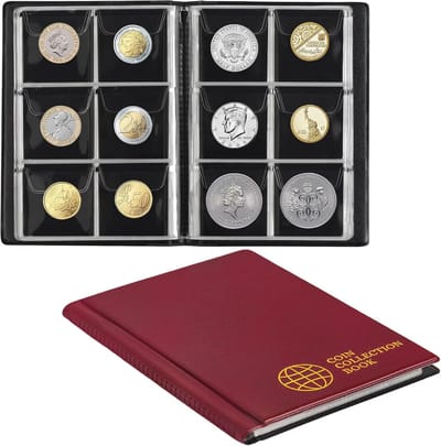 Thijox - Verzamelalbum voor munten, 60 vakken, 4,5 x 4,5 cm, portemonnee, boek, geldopslag, Penny Pocket voor verzamelaars, rood CS0106RE