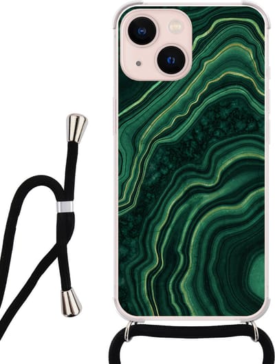 Hoesje met koord - Geschikt voor iPhone 13 - Marmer groen agate - Verstelbaar zwart koord - Transparant, Groen - Marmer - Leuke Telefoonhoesjes