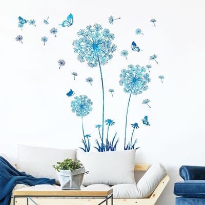 Mooie Dandelion Wandstickers met Blauwe Bloemen en Vlinders, Wanddecoratie voor Slaapkamer en Woonkamer, Ideaal voor Sofa en TV Muur