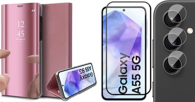 Hoesje geschikt voor Samsung Galaxy A55 - Screenprotector Volledig Dekkend Glas & Camera - Spiegel Book Case Rosegoud