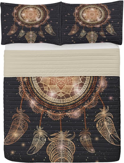 ABAKUHAUS Mandala Microfiber Bedspreiset, Bohemian Dream Catcher, Soft Bedding Set met kussenslopen en quilt, 220 cm x 220 cm, Dark Mustard