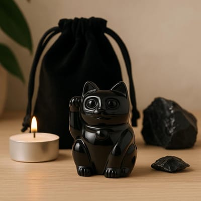 Edelsteen Gelukskat - Zwarte Obsidiaan 50x35x25mm