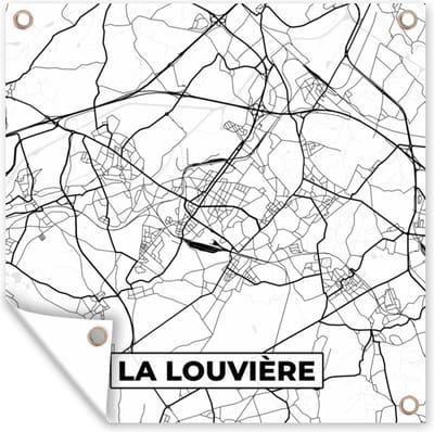 Tuin poster België – La Louvière – Stadskaart – Kaart – Zwart Wit – Plattegrond - 200x200 cm - Tuindoek