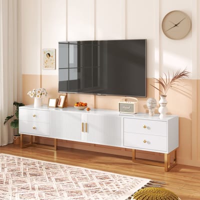REDOM TV-meubel 175x30x46 cm van MDF en metaal, wit modern ontwerp, met lades en deuren, gouden grepen en poten