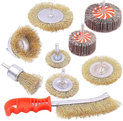 9-delige Messing Coated Draadborstel Set met 80 Granule Schuurwielen en 1/4 Inch Shank, Ideaal voor Verwijderen van Roest, Verf en Vuil