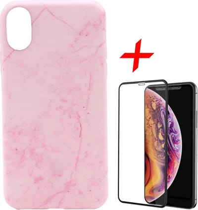 Marmer Hoesje geschikt voor Apple iPhone Xs Max Siliconen TPU Soft Gel Case Roze + Screenprotector Full-Screen Tempered Glass van iCall