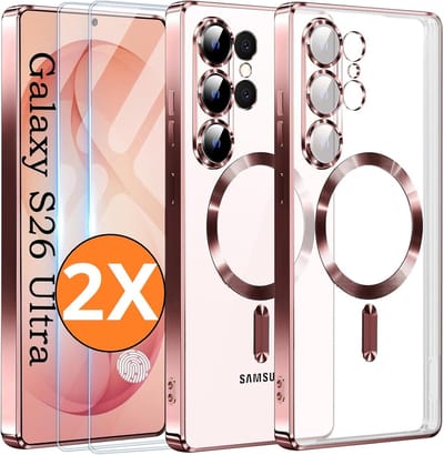 Hoesje Magsafe Geschikt voor Samsung Galaxy S26 Ultra hoesje backcover Rose Goud – Lens beschermer – Transparant hoesje met Samsung S26 Ultra screenprotector - 2 stuks