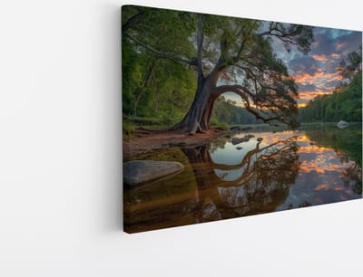 Saammp Canvas Schilderij - Scheve Boom met zonsondergang - Bloemen - Landschap - Natuur - 30x20 - Foto op canvas - Wanddecoratie - Muurdecoratie Woonkamer - Slaapkamer decoratie - Canvas Print